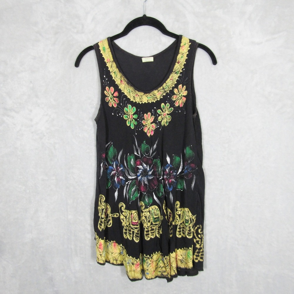 Asha Tank Top Medium Boho Elephant Flower Black Rayon Sleeveless Artsy